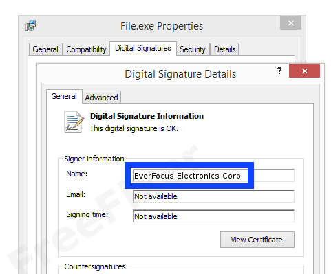 Screenshot of the EverFocus Electronics Corp. certificate